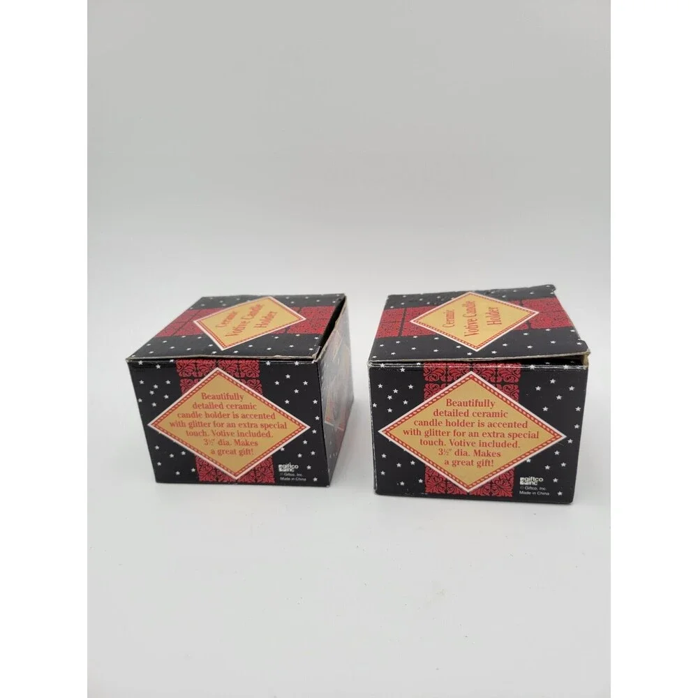 2 Vtg Giftco Ceramic Tea Light Candle Holders Santa Sleigh Reindeer Glitter 3.5